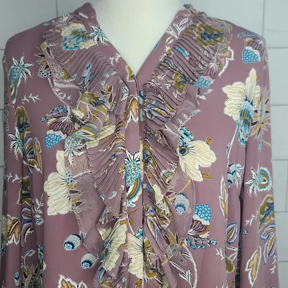 Chicos Top Blouse Mauve Paisley Floral 1 Med Purple Blue Jacobean Bouquet Ruffle - Picture 7 of 12